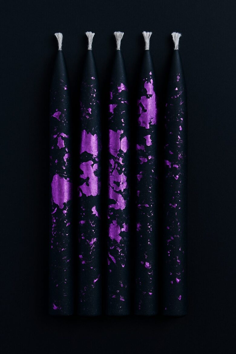 Melnās bišu vaska sveces kūkām un tortēm ar lillā foliju, 8cm 